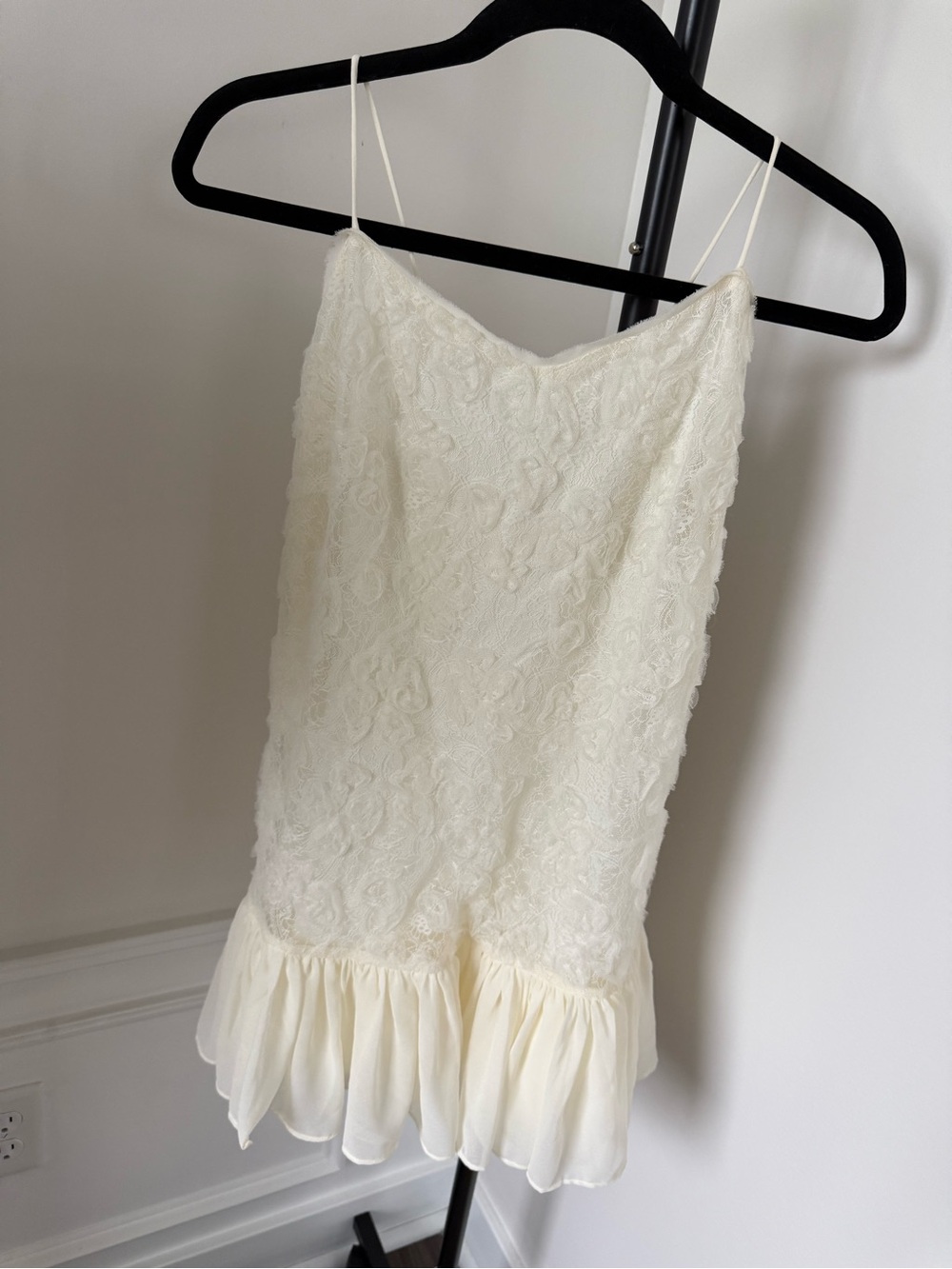 Ivory Lace Spaghetti Strap Mini Dress with Ruffle Hem